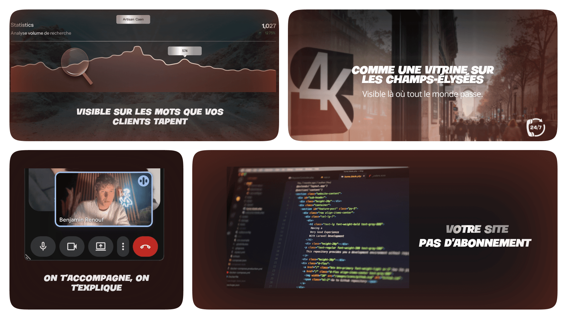 Nos avantages : Visibilité SEO, Qualité 4K, Accompagnement personnalisé, Site sans abonnement